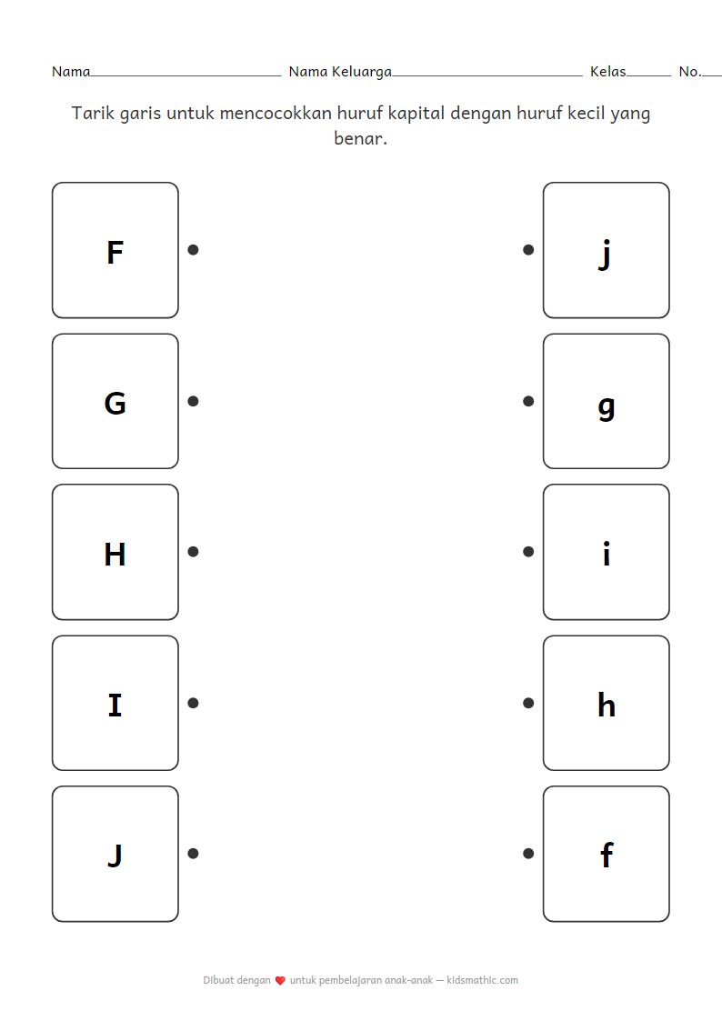 Lembar Kerja Mencocokkan Huruf Kapital dan Huruf Kecil F-J untuk Taman Kanak-kanak