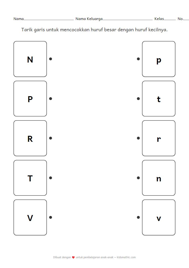 Lembar Kerja Mencocokkan Huruf Besar dan Kecil N-V untuk Anak Prasekolah