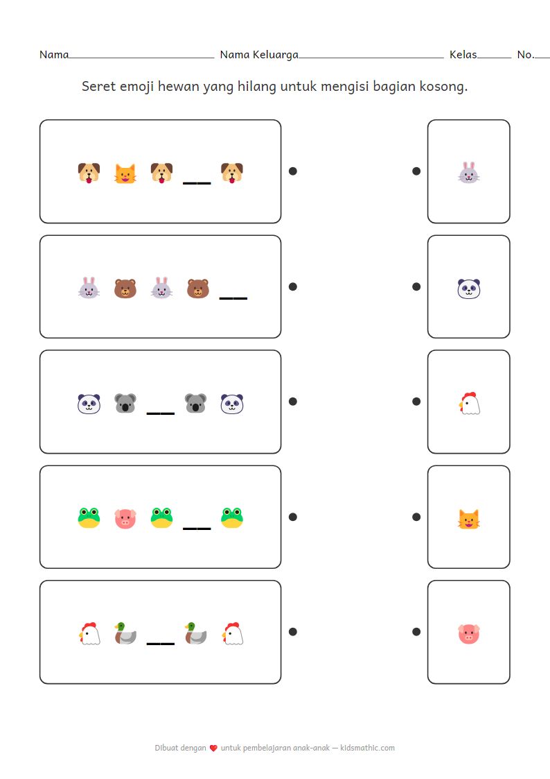 Lembar Kerja Mencocokkan Pola AB Emoji Hewan untuk Anak Prasekolah