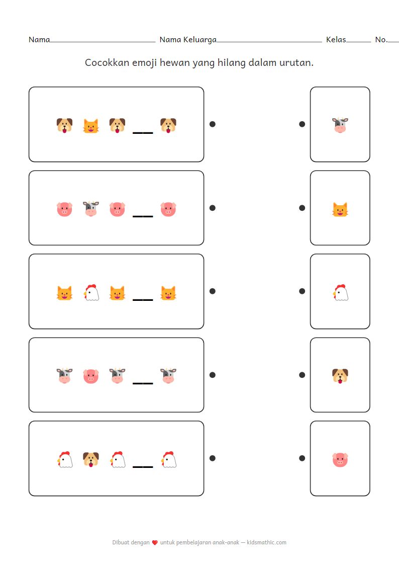 Lembar Kerja Mencocokkan Pola AB Emoji Hewan untuk Anak Prasekolah