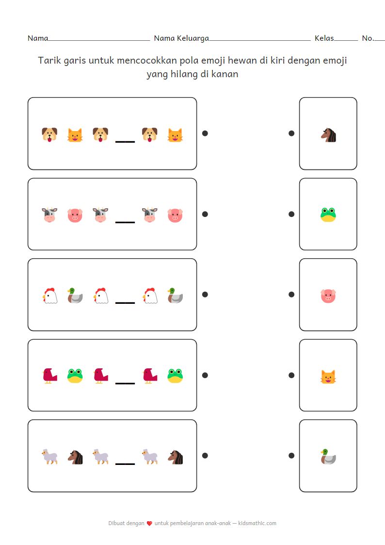 Lembar Kerja Mencocokkan Pola Emoji Hewan untuk Anak Prasekolah