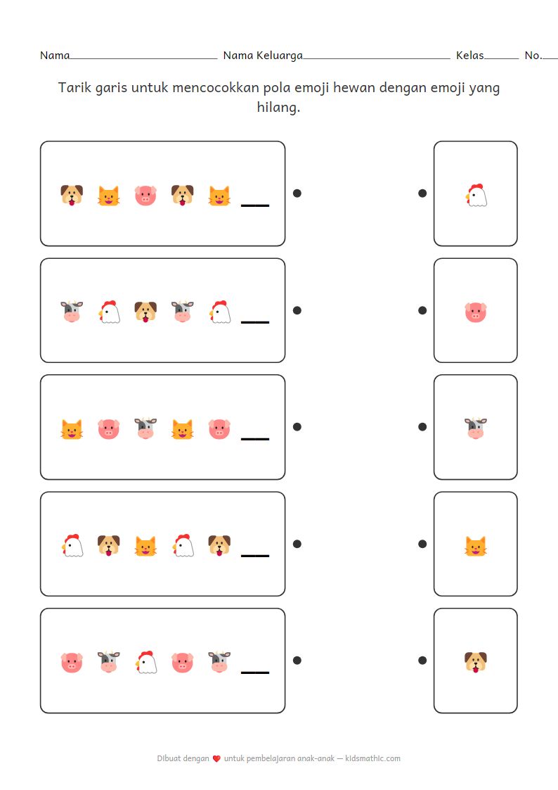 Lembar Kerja Mencocokkan Pola Emoji Hewan yang Hilang untuk Anak Prasekolah
