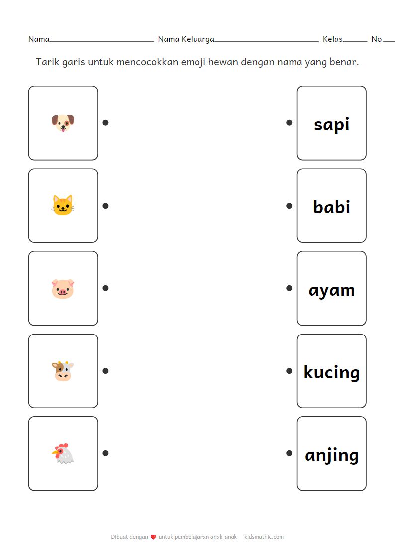 Lembar Kerja Mencocokkan Emoji Hewan untuk Anak TK