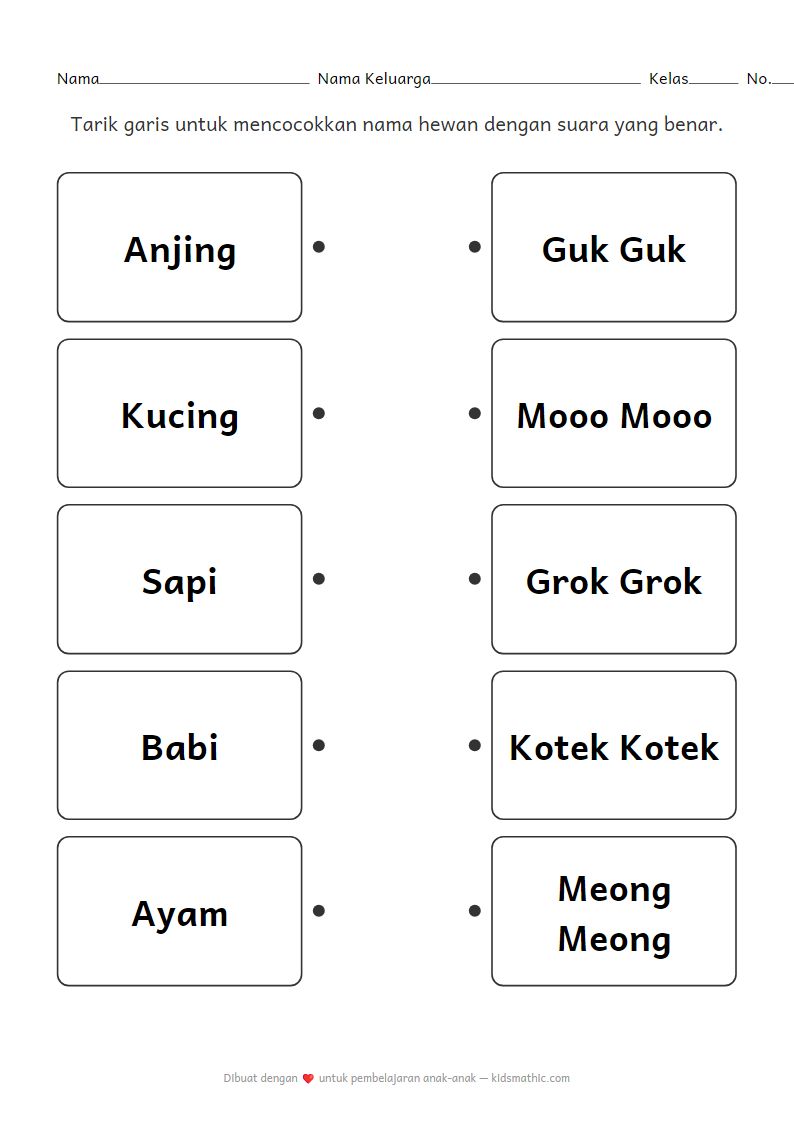 Lembar Kerja Mencocokkan Suara Hewan untuk Anak Prasekolah