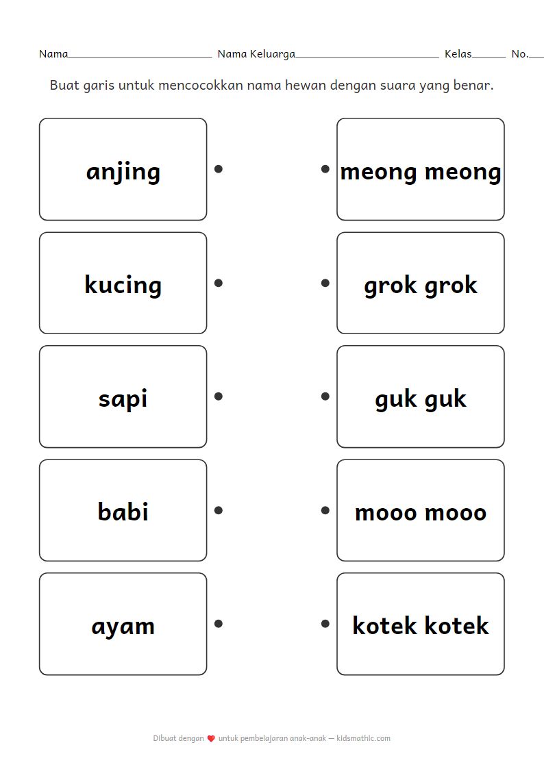 Lembar Kerja Mencocokkan Hewan dan Suara untuk Anak Prasekolah