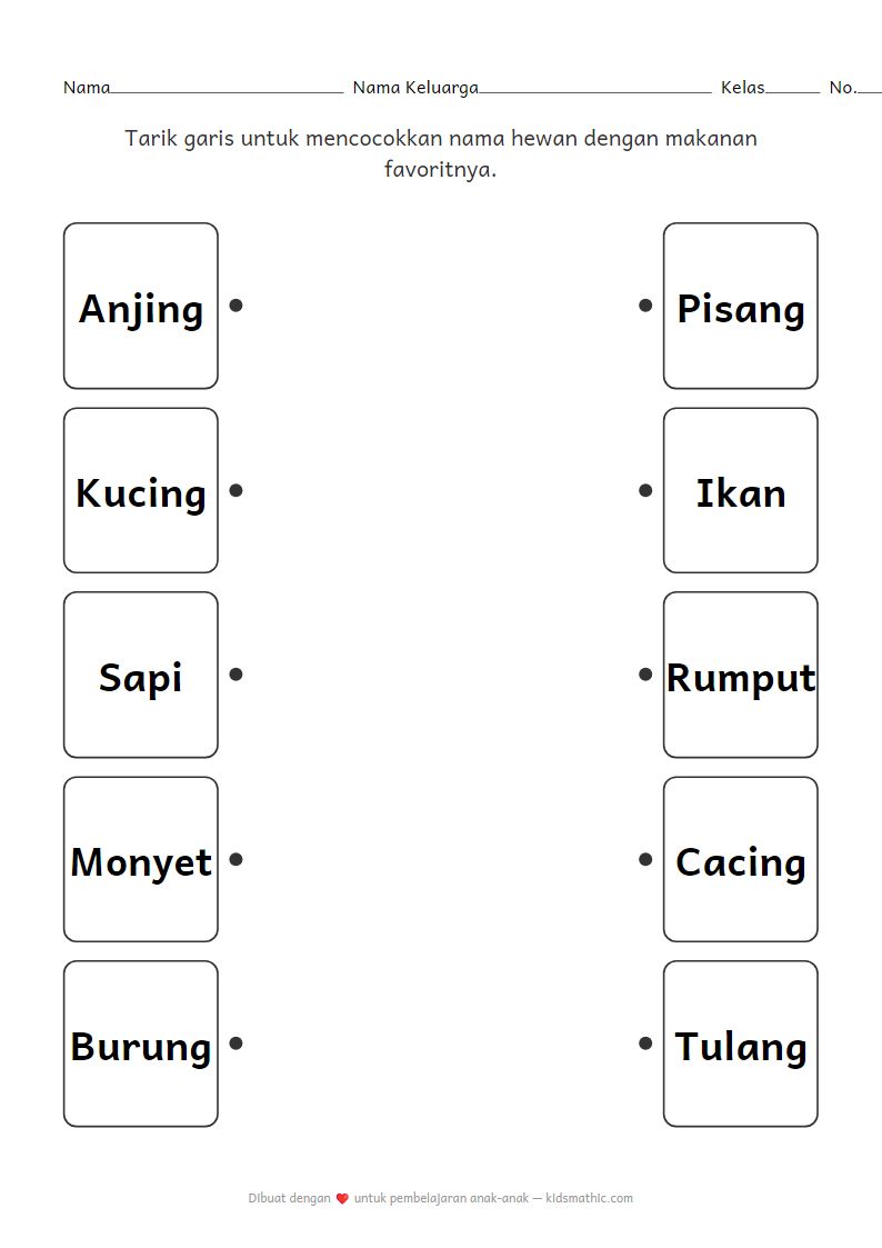 Lembar Kerja Mencocokkan Hewan dan Makanan untuk Anak Prasekolah - Pelajari Hewan dan Makanannya