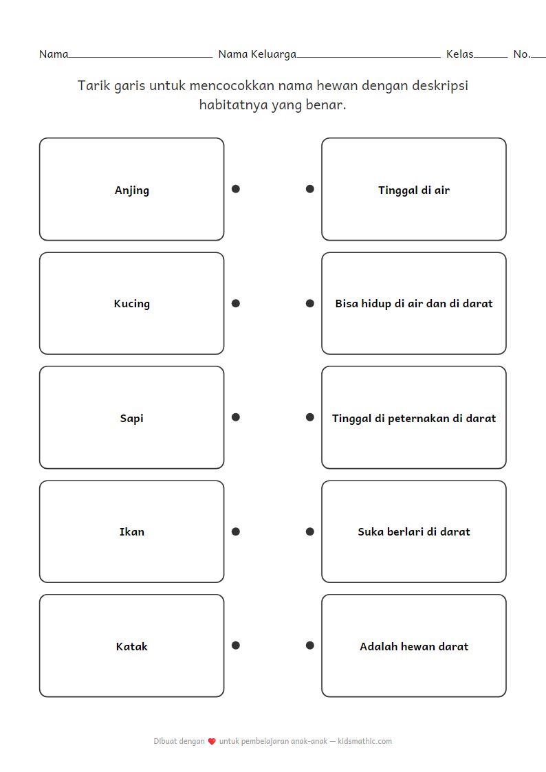 Lembar Kerja Mencocokkan Hewan dan Habitat untuk TK