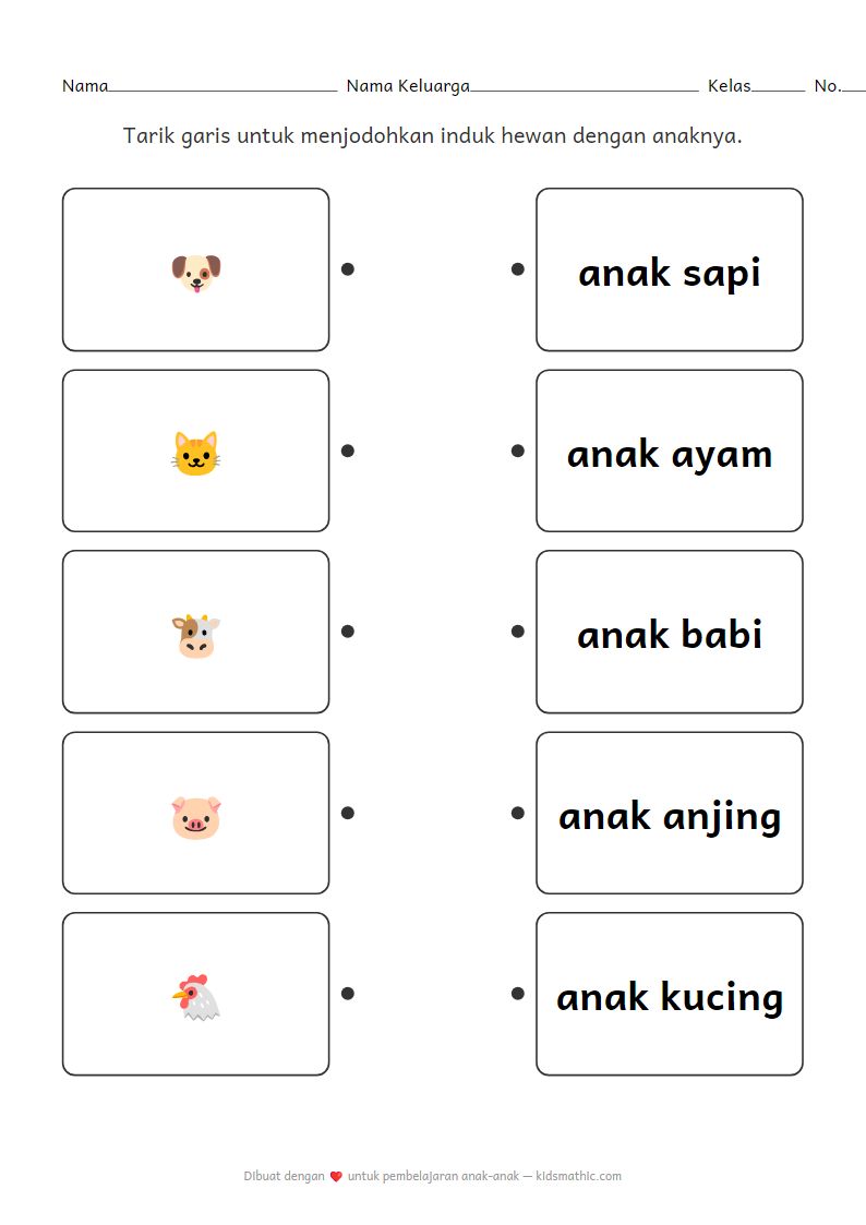 Lembar Kerja Menjodohkan Induk dan Anak Hewan untuk Anak Prasekolah