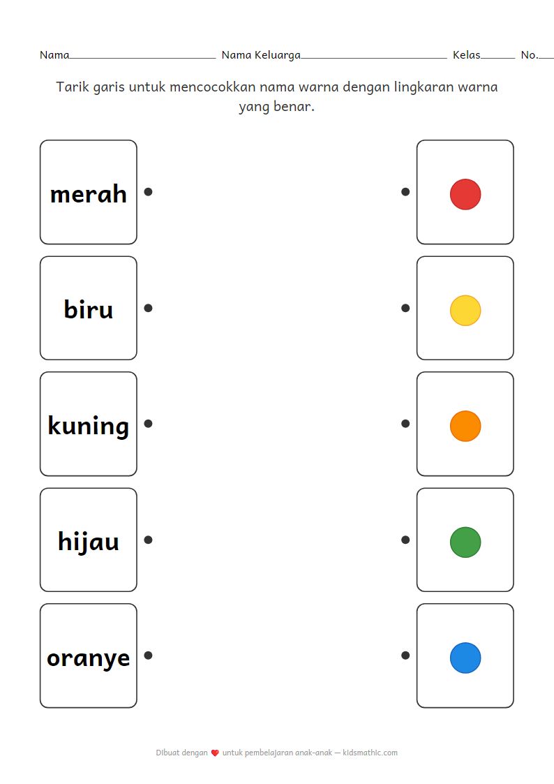 Lembar Kerja Mencocokkan Warna Dasar untuk Anak Prasekolah