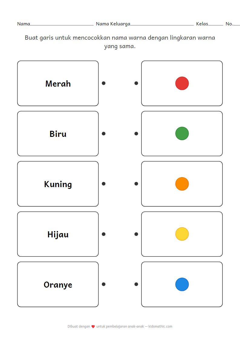 Lembar Kerja Mencocokkan Warna Dasar untuk Anak Prasekolah
