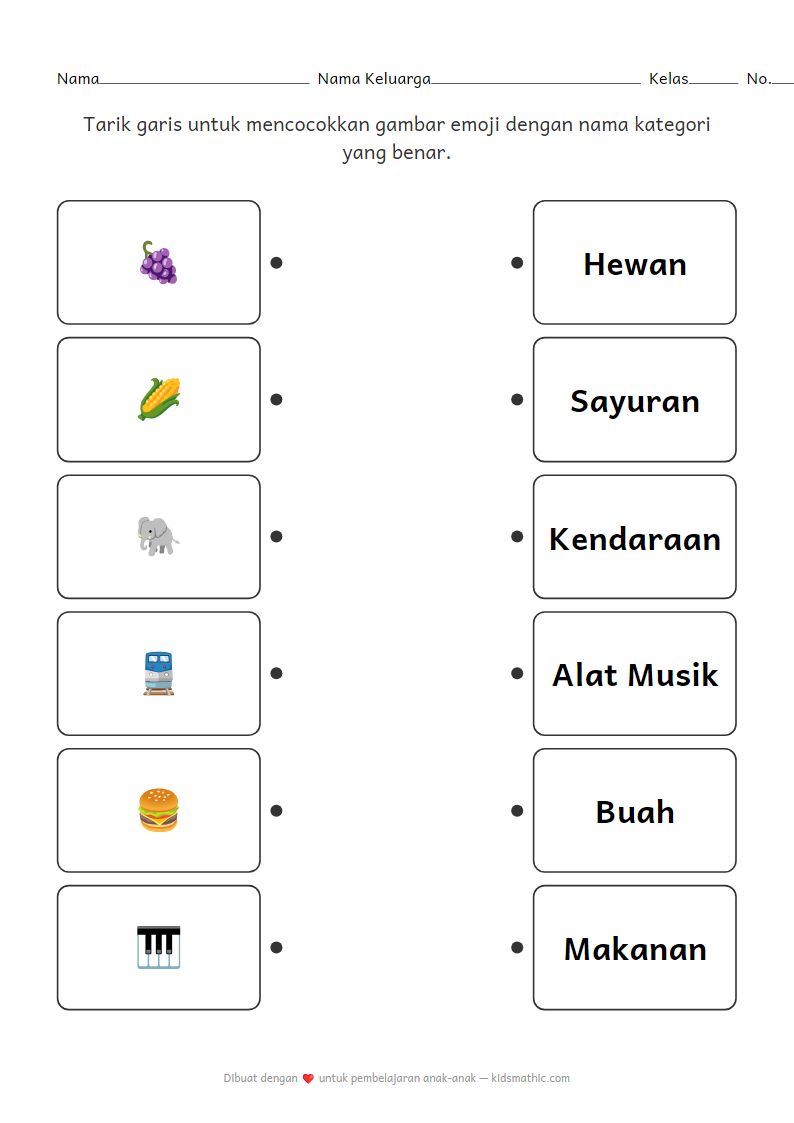 Lembar Kerja Mencocokkan Kategori untuk Anak TK