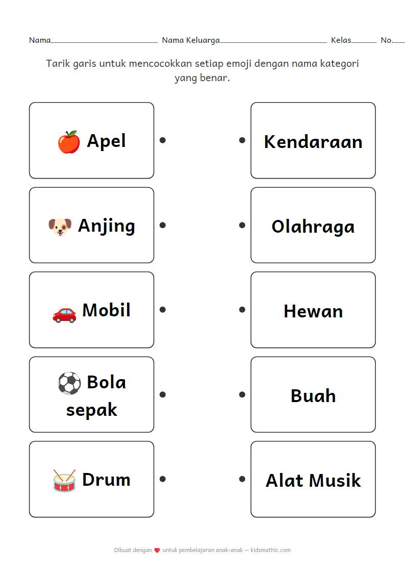 Lembar Kerja Mencocokkan Benda dengan Kategori untuk Anak Prasekolah