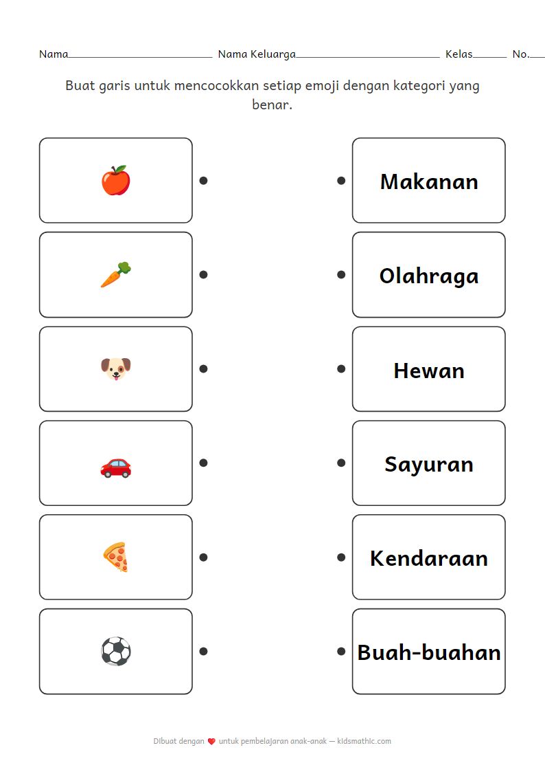 Lembar Kerja Mencocokkan: Benda dengan Kategori untuk TK