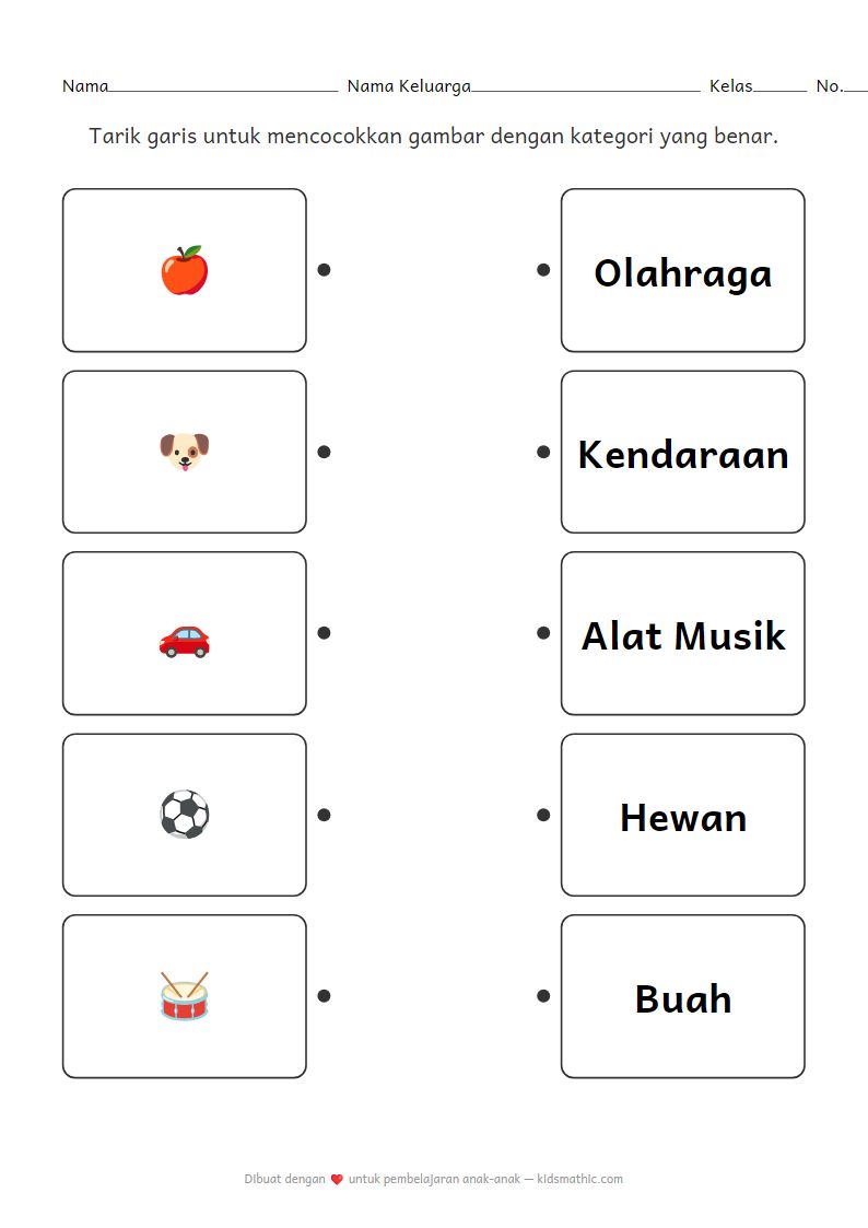 Lembar Kerja Mencocokkan Kategori untuk TK