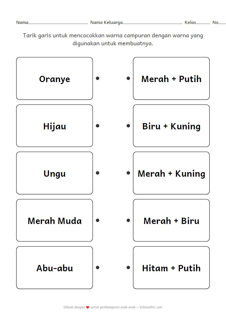 Lembar Kerja Mencocokkan Campuran Warna untuk Anak Prasekolah