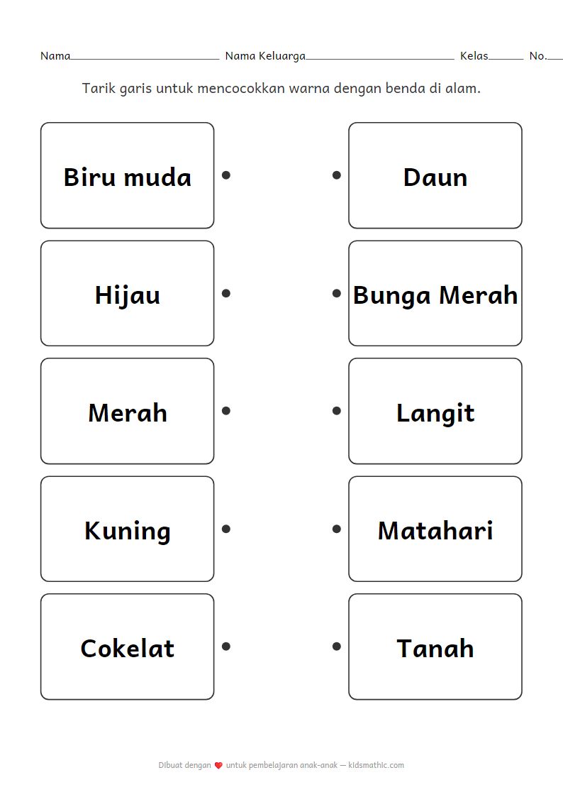Lembar Kerja Mencocokkan Warna dan Alam untuk Anak Prasekolah