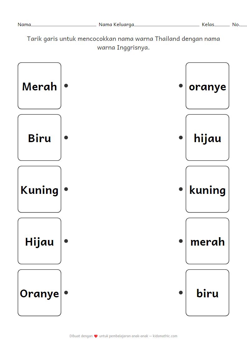 Lembar Kerja Mencocokkan Nama Warna Thai-Inggris untuk Anak Prasekolah