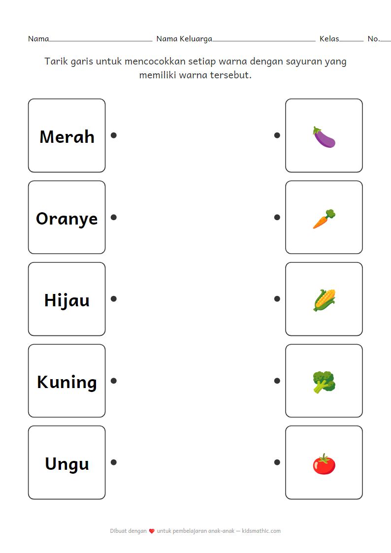 Lembar Kerja Mencocokkan Warna dan Sayuran untuk Anak TK