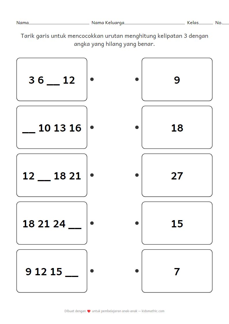 Lembar Kerja Mencocokkan Pola Angka Hilang Kelipatan 3 untuk TK