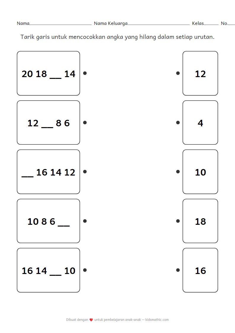 Lembar Kerja Mencocokkan Angka Hilang dalam Urutan Angka Mundur Berdua-dua untuk TK