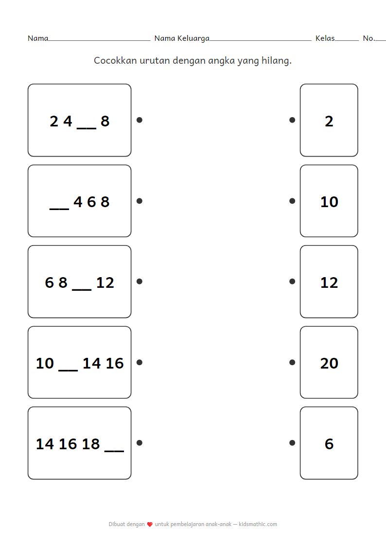 Lembar Kerja Pola Angka Hilang Menghitung Kelipatan 2 untuk TK