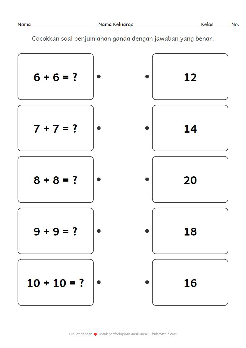 Lembar Kerja Mencocokkan Penjumlahan Ganda untuk TK