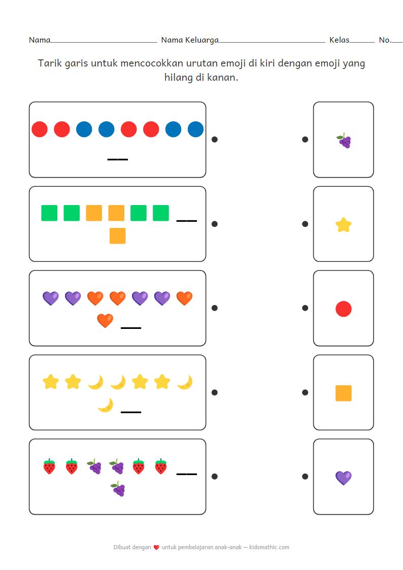 Lembar Kerja Mencocokkan Pola AABB Emoji TK