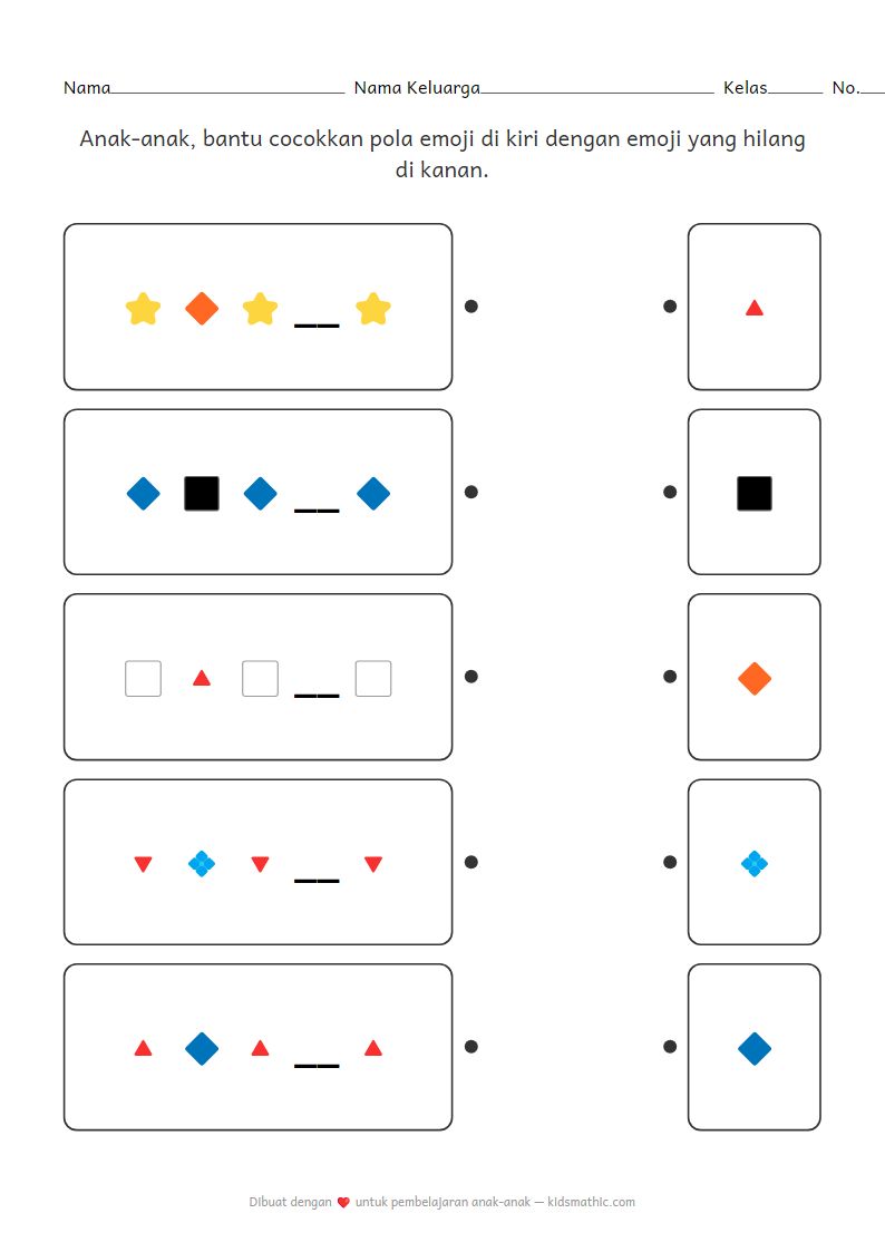 Lembar Kerja Mencocokkan Pola AB Emoji untuk Taman Kanak-kanak