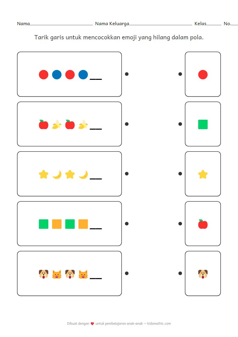 Lembar Kerja Mencocokkan Pola Emoji Dasar untuk Taman Kanak-kanak