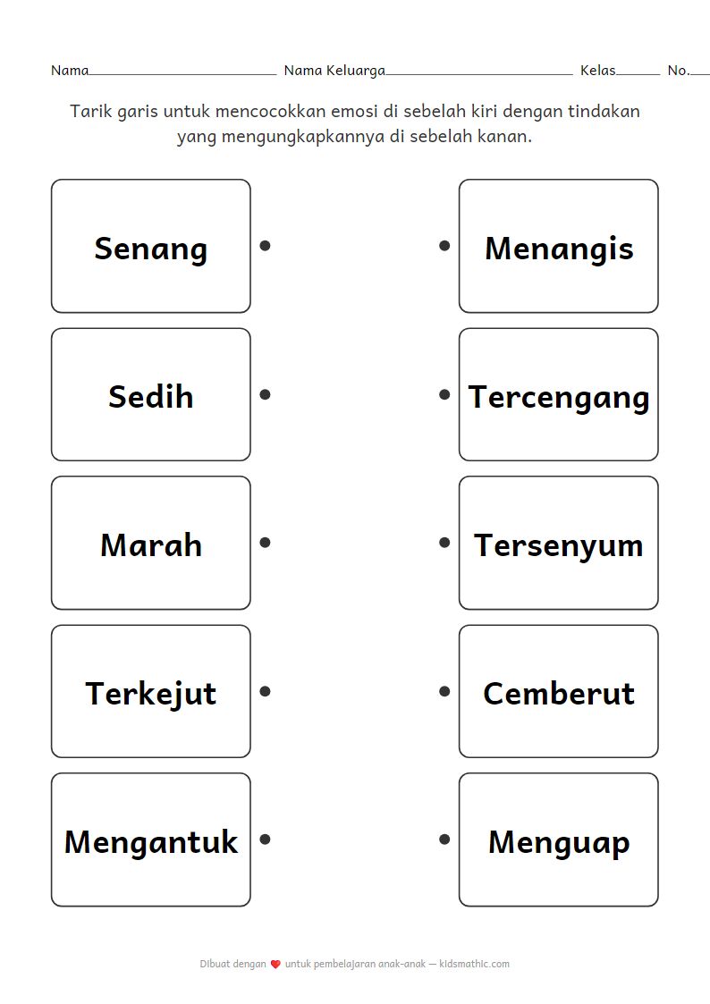Lembar Kerja Mencocokkan Emosi dan Tindakan untuk Anak Prasekolah