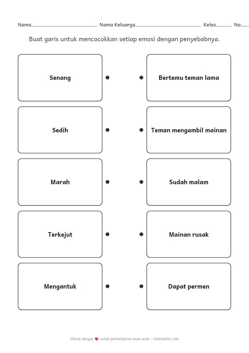 Lembar Kerja Mencocokkan Emosi dengan Penyebab untuk Anak Prasekolah