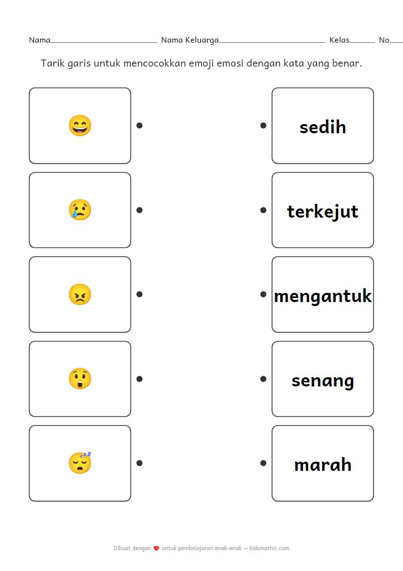 Lembar Kerja Mencocokkan Emosi: Emoji ke Kata untuk Anak Prasekolah