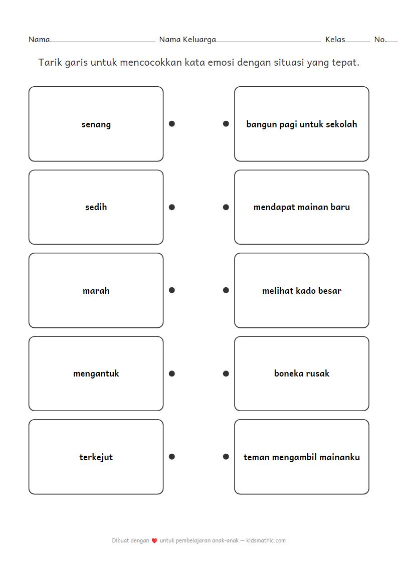 Lembar Kerja: Mencocokkan Emosi dengan Situasi Sehari-hari untuk Anak Prasekolah