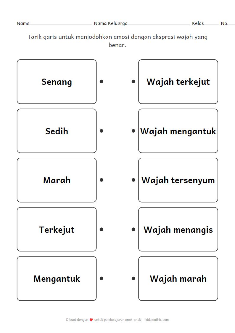Lembar Kerja Mencocokkan Emosi dan Ekspresi Wajah untuk Anak Prasekolah