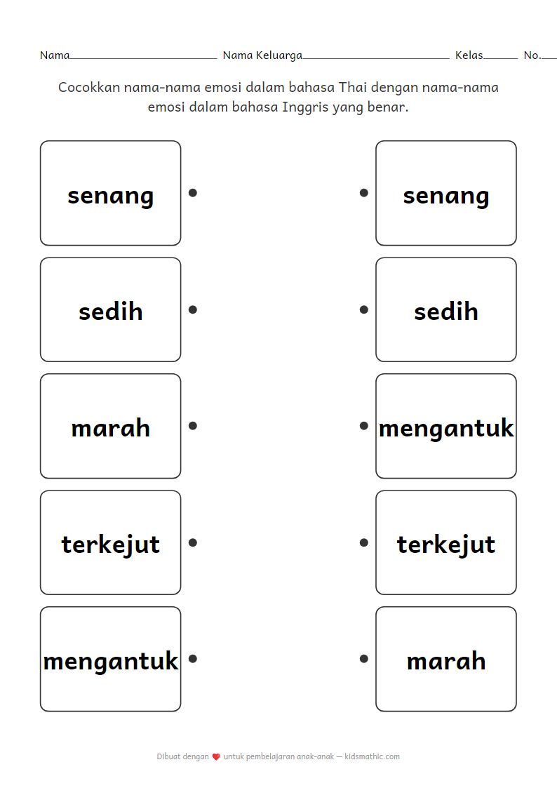 Lembar Kerja Mencocokkan Nama Emosi Thai-Inggris untuk Anak Prasekolah