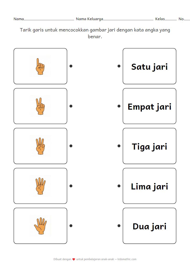 Lembar Kerja Mencocokkan Hitungan Jari 1-5 untuk Anak Prasekolah