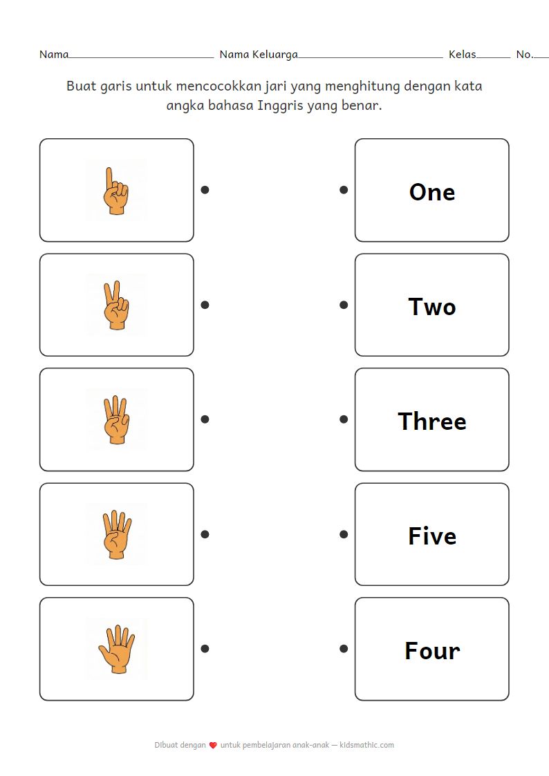 Lembar Kerja Mencocokkan Angka Bahasa Inggris 1-5 dengan Jari untuk Anak Prasekolah
