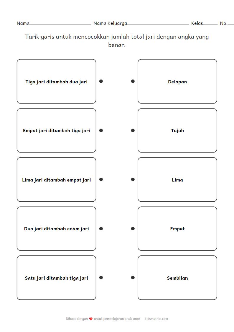 Lembar Kerja Mencocokkan Jumlah Jari untuk TK
