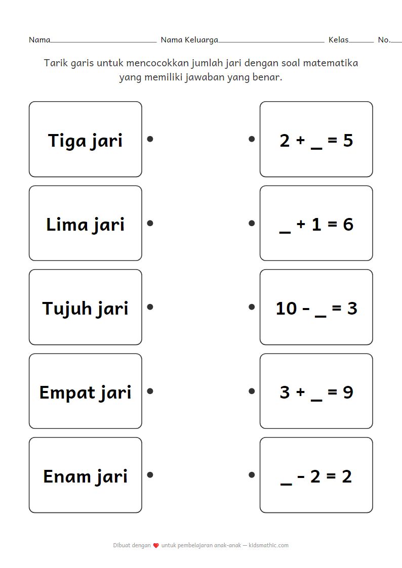 Lembar Kerja Mencocokkan Hitungan Jari dan Angka Hilang untuk Prasekolah