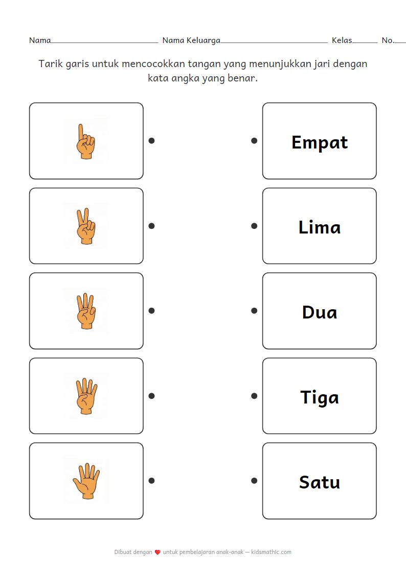 Lembar Kerja Mencocokkan Hitungan Jari dengan Angka 1-5 untuk Anak Prasekolah