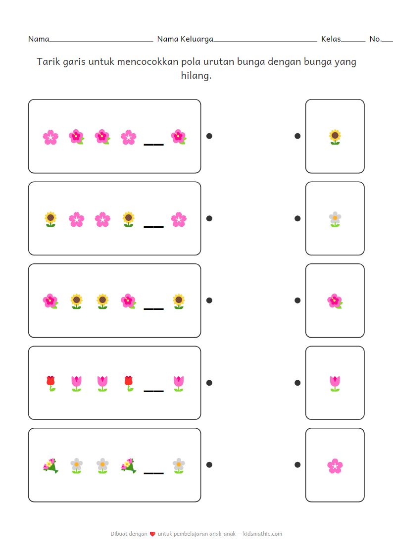 Lembar Kerja Mencocokkan Pola Emoji Bunga untuk Anak TK
