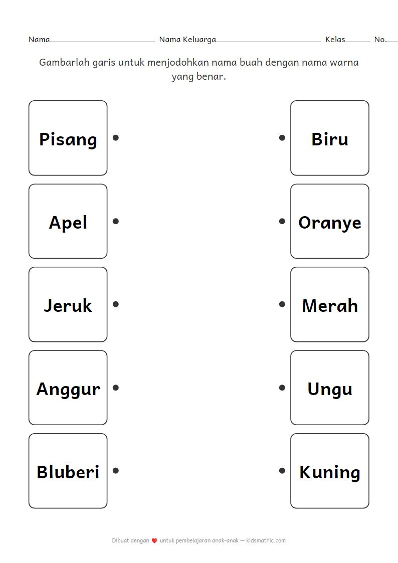 Lembar Kerja Mencocokkan Nama Buah dan Nama Warna untuk Anak Prasekolah
