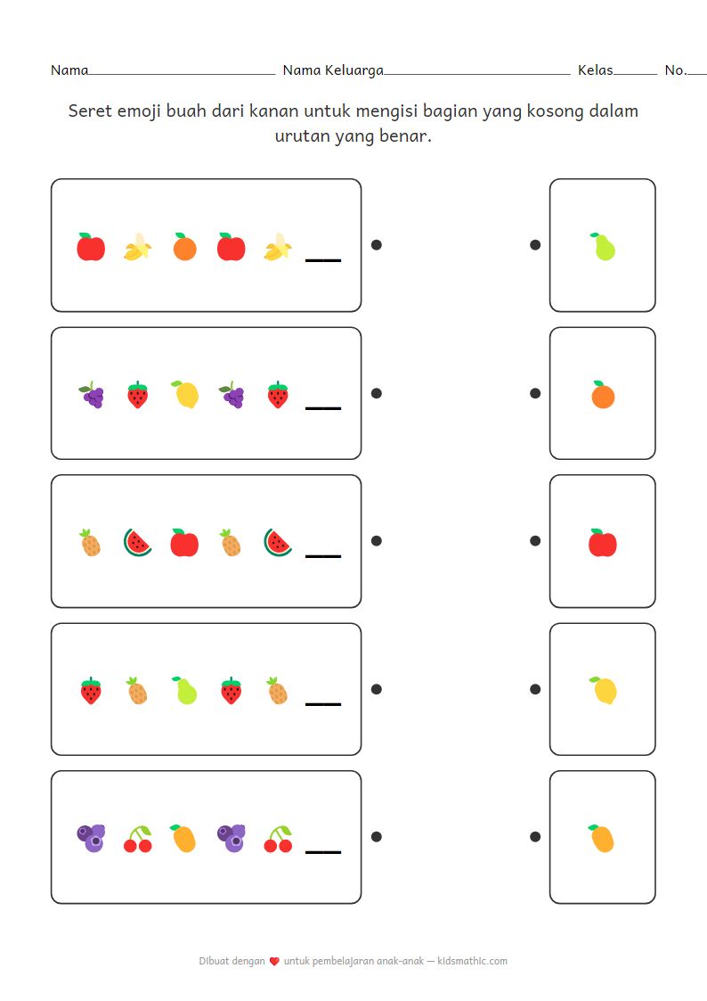 Lembar Kerja Mencocokkan Pola Emoji Buah untuk Anak Prasekolah