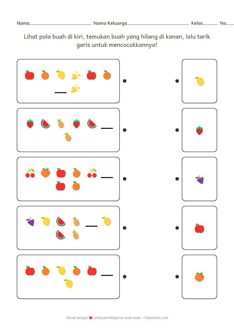 Lembar Kerja Mencocokkan Pola Buah yang Hilang untuk Pra-Sekolah