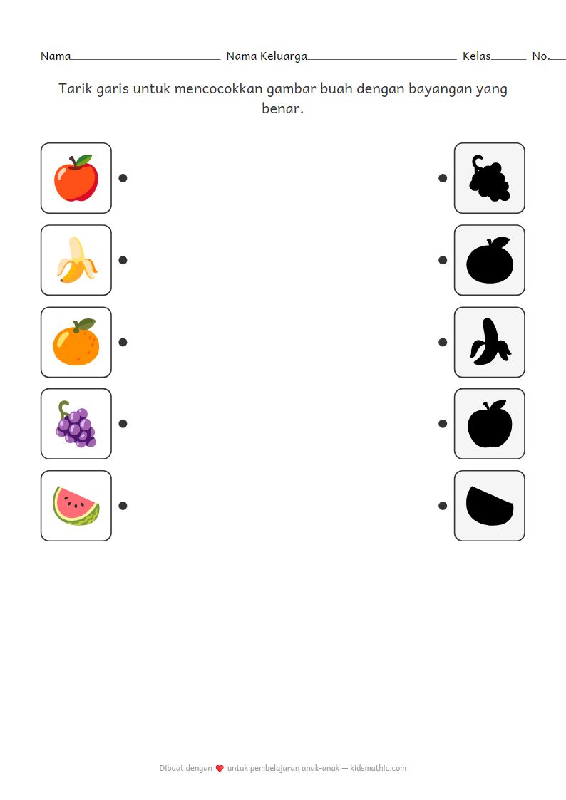 Lembar Kerja Mencocokkan Bayangan Buah yang Menyenangkan untuk Anak Prasekolah