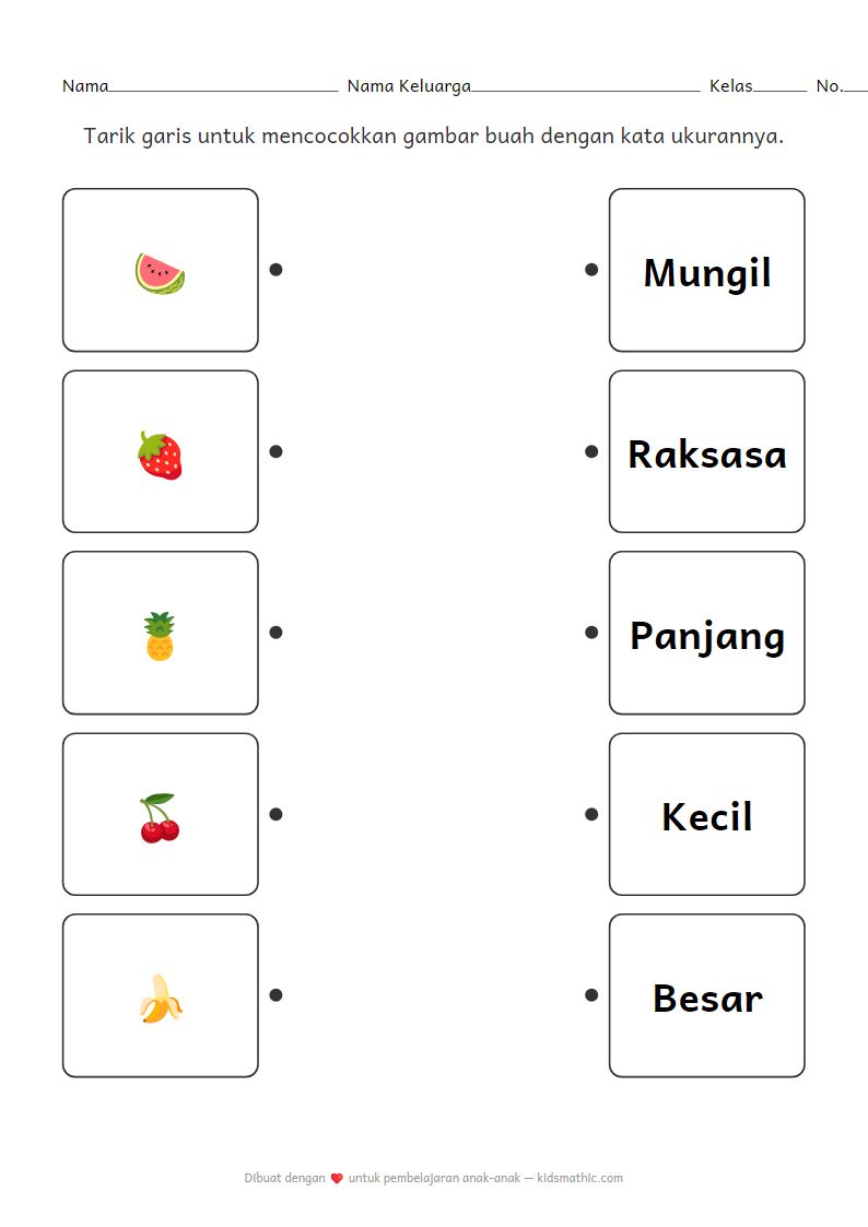 Lembar Kerja Mencocokkan Buah dan Ukuran untuk Anak Prasekolah