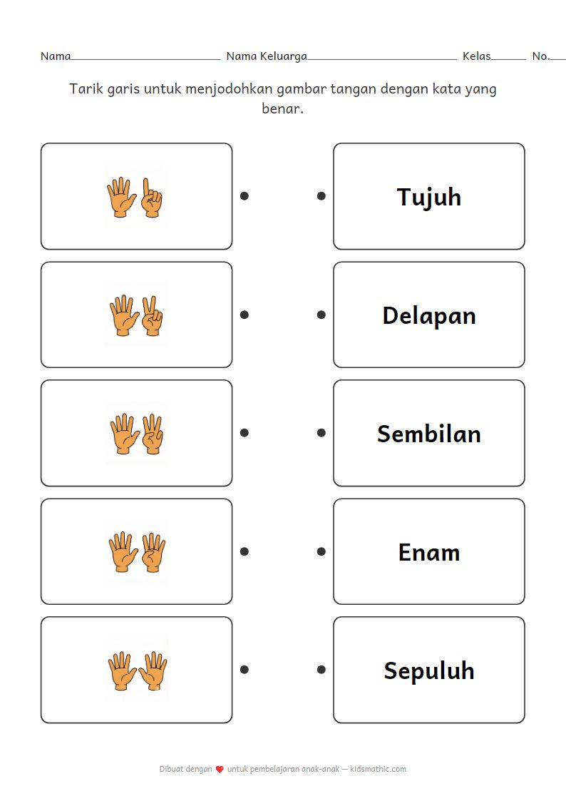 Lembar Kerja Menjodohkan: Menghitung Jari 6-10 untuk Anak Prasekolah