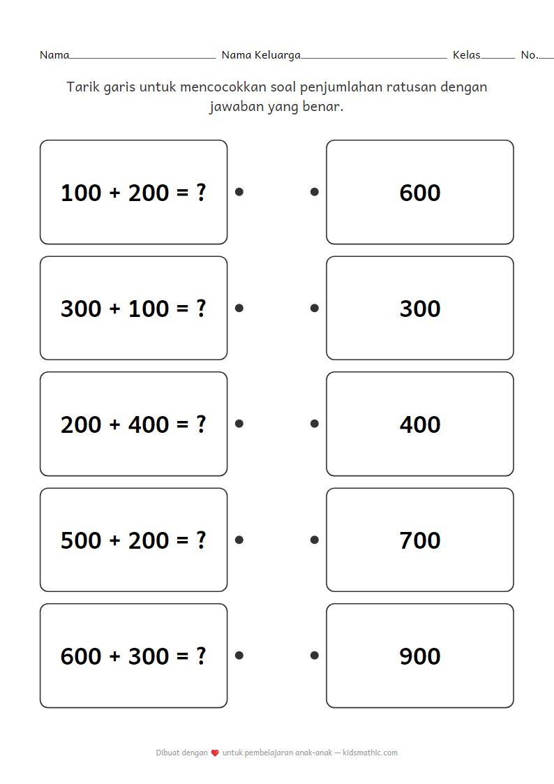 Lembar Kerja Mencocokkan Penjumlahan Ratusan untuk Kelas 2