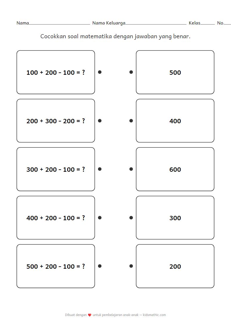 Lembar Kerja Mencocokkan Penjumlahan dan Pengurangan Ratusan untuk Kelas 2