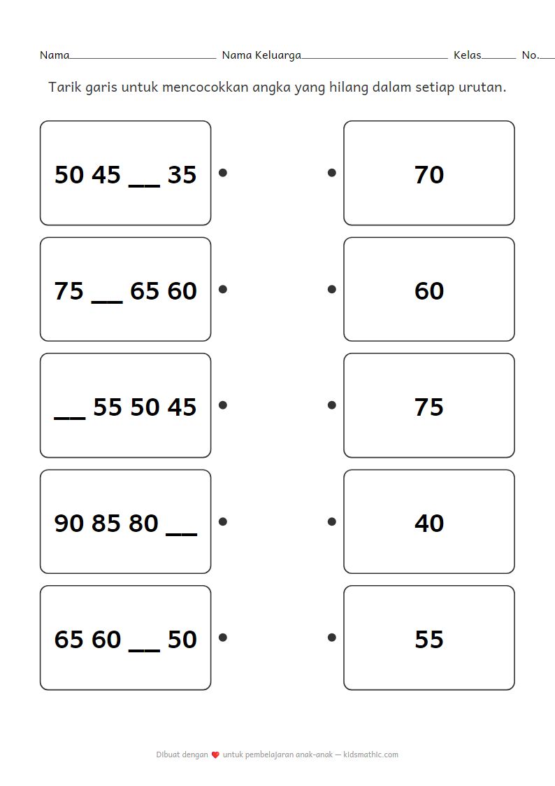 Lembar Kerja Matematika TK: Cocokkan Urutan Angka Menurun Kelipatan 5